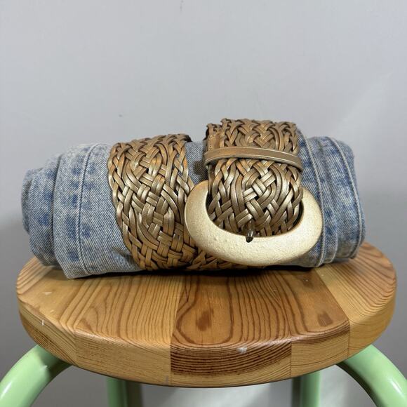 Vintage Ralph Lauren Gold Braided Leather Boho Wide Layering Belt - Wms Large - Picture 1 of 9